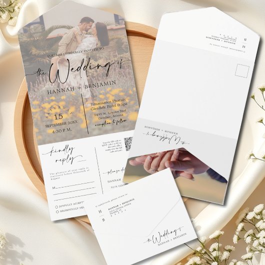 Elegante moderne minimalistische boog QR code foto All In One Uitnodiging