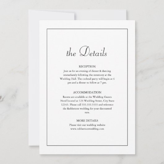 Elegante moderne minimalistische bruiloft details kaart (Achterkant)