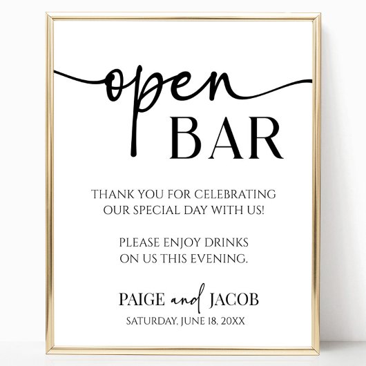 Elegante moderne minimalistische bruiloft open bar poster