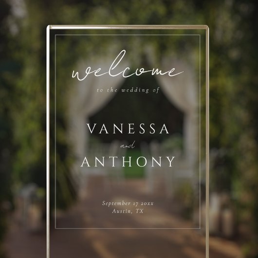 Elegante moderne minimalistische bruiloft welkom acryl bord