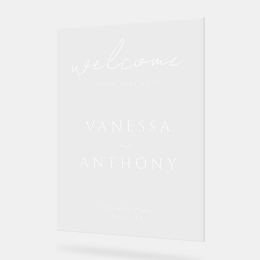 Elegante moderne minimalistische bruiloft welkom acryl bord (Hoek)