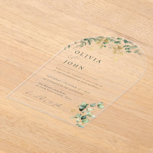 Elegante moderne minimalistische eucalyptus bruilo acryl uitnodigingen (Laagn)