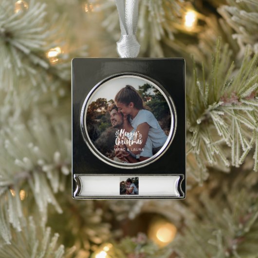 Elegante moderne minimalistische kerst paar foto verzilverd banner ornament (Boom)