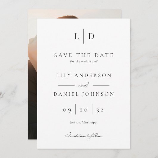 Elegante moderne minimalistische monogram foto bru save the date (Voorkant / Achterkant)