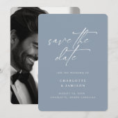 Elegante moderne minimalistische script blauwe fot save the date (Voorkant / Achterkant)