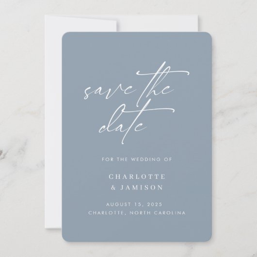 Elegante moderne minimalistische script blauwe fot save the date (Voorkant)
