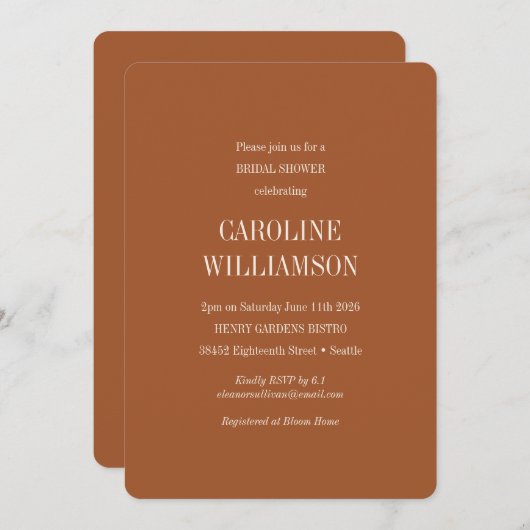 Elegante Moderne Minimalistische Terracotta Bruids Kaart (Voorkant / Achterkant)