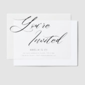 Elegante moderne minimalistische zwart witte verja vellum uitnodigingen (Offset)