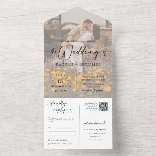 Elegante moderne Mocha Mousse Arch QR Code Foto All In One Uitnodiging (Binnen)