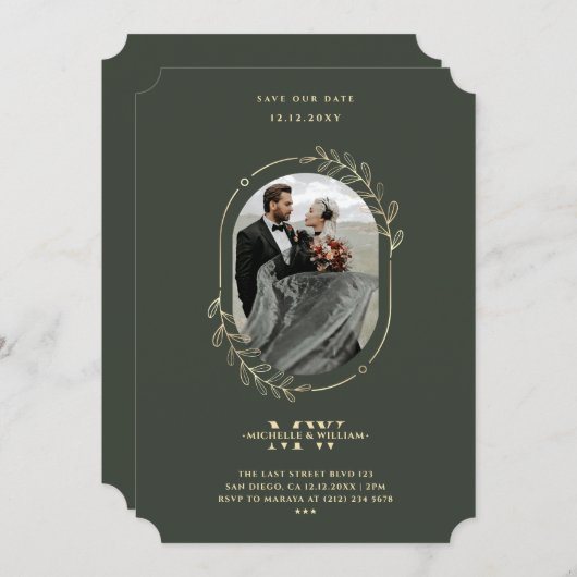 Elegante Moderne Monogram Bruiloft Groene Gouden K Save The Date (Voorkant / Achterkant)