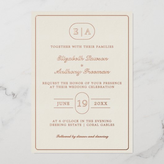 Elegante Moderne Monogram Gold Folie Wedding Uitnodiging (Voorkant)