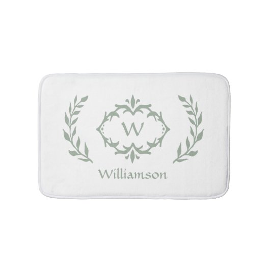 Elegante moderne monogram krans saliegroen wit badmat (Voorkant)