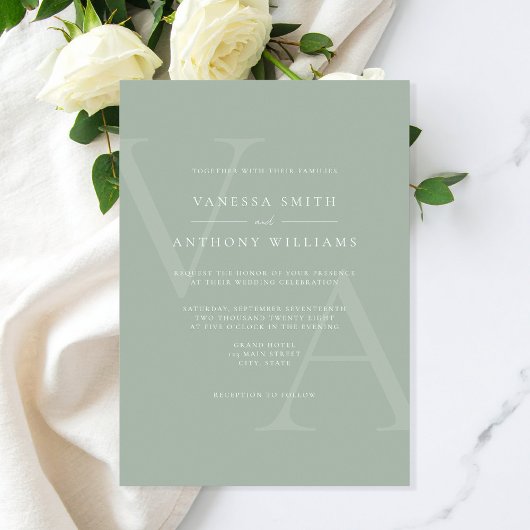 Elegante Moderne Monogram Sage Green Wedding Kaart
