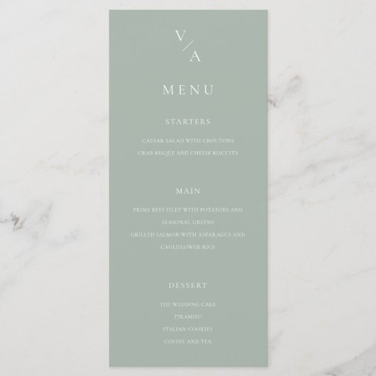 Elegante Moderne Monogram Sage Green Wedding Menu (Voorkant)