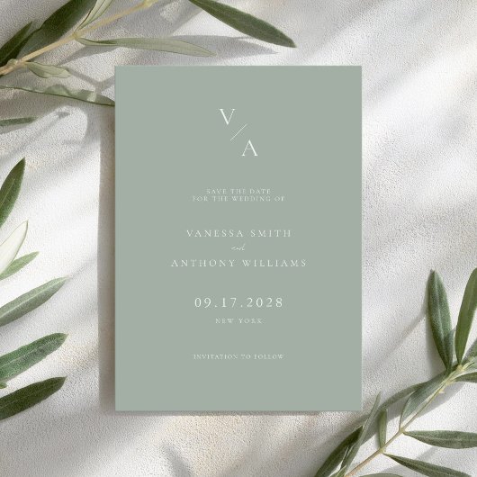 Elegante Moderne Monogram Sage Green Wedding Save The Date