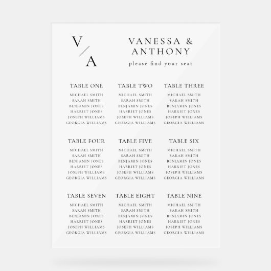 Elegante Moderne Monogram Trouwstoel Grafiek Acryl Bord (Voorkant)