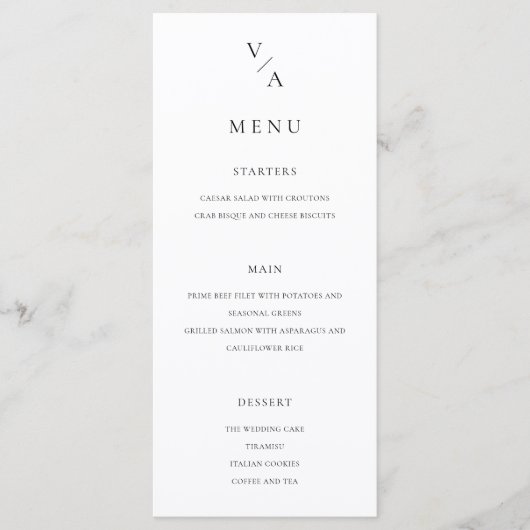 Elegante moderne monogram zwart-wit bruiloft menu (Voorkant)