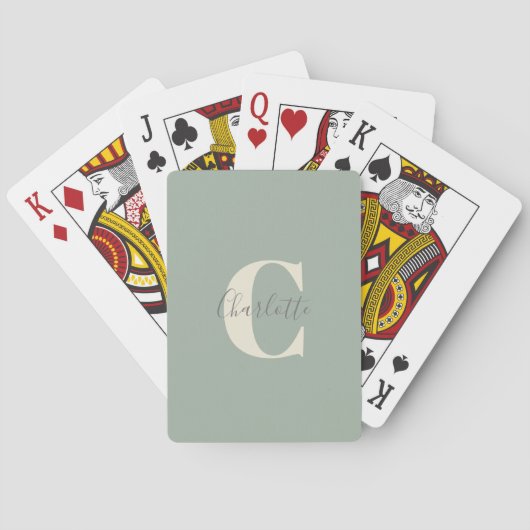 Elegante moderne monogramnaam in saliegroen pokerkaarten (Achterkant)