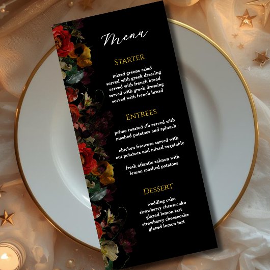 Elegante moderne moody bloemen bruiloft menu