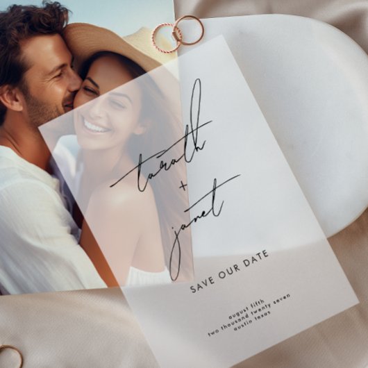 Elegante moderne namen slaan onze datum op vellum uitnodigingen