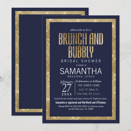 Elegante moderne Navy Blue Gold Sequin Brunch Bubb Kaart (Voorkant / Achterkant)