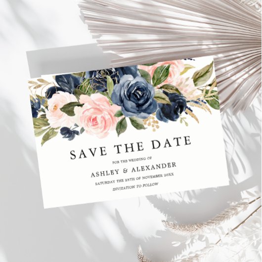 Elegante moderne Navy & Blush alle seizoenen bruil Save The Date