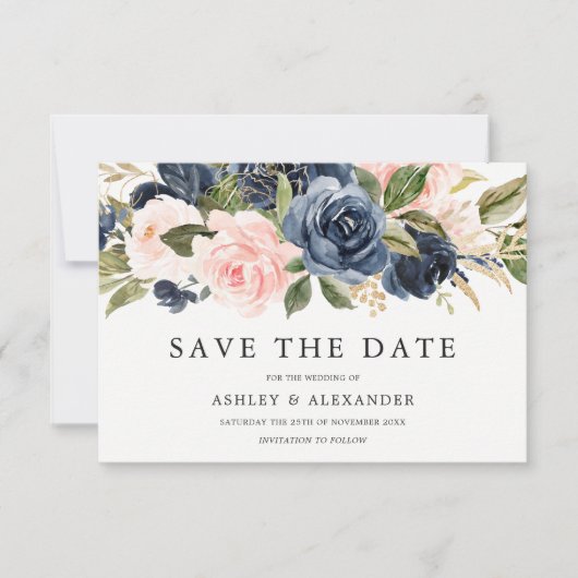 Elegante Moderne Navy & Blush Alle Seizoenen Trouw Save The Date (Voorkant)