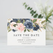 Elegante Moderne Navy & Blush Alle Seizoenen Trouw Save The Date (Staand voorkant)