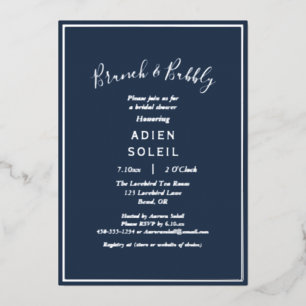 Elegante moderne navy zilveren brunch en bubbels folie uitnodiging