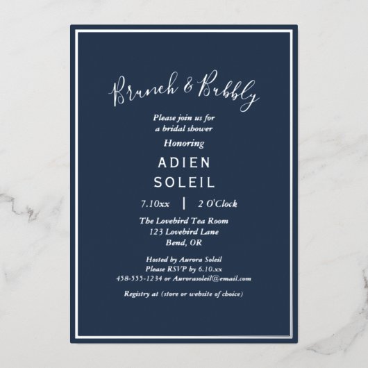 Elegante moderne navy zilveren brunch en bubbels folie uitnodiging (Voorkant)