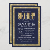 Elegante moderne navyblauwe gouden sequin-verjaard kaart (Voorkant / Achterkant)