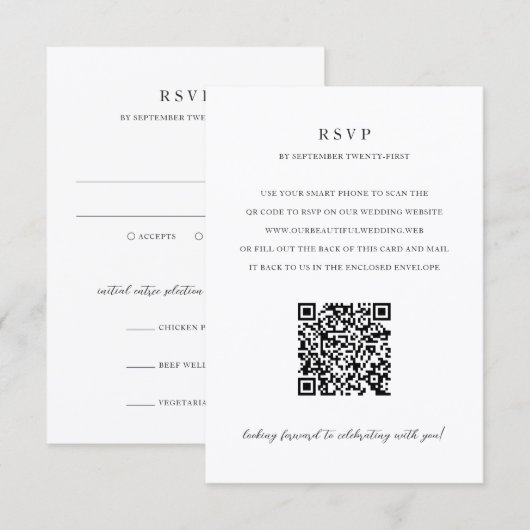 Elegante moderne neutrale QR-code bruiloft RSVP Kaartje (Voorkant / Achterkant)