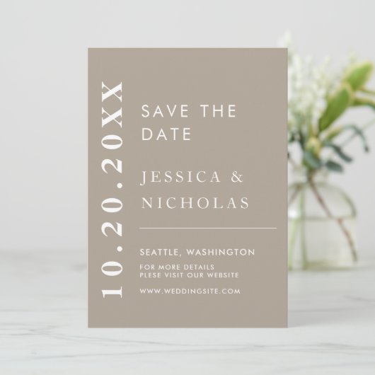Elegante moderne olijfgrijs minimalistische bruilo save the date (Staand voorkant)