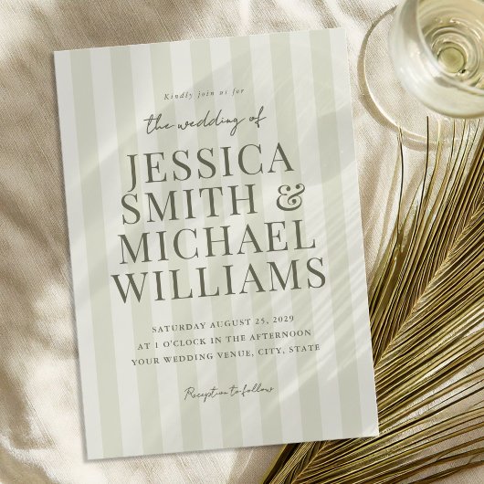 Elegante moderne olijfgroene gestreepte bruiloft kaart