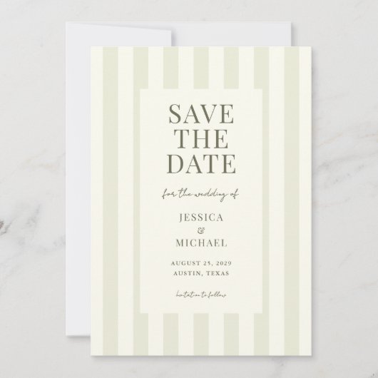 Elegante moderne olijfgroene gestreepte bruiloft save the date (Voorkant)