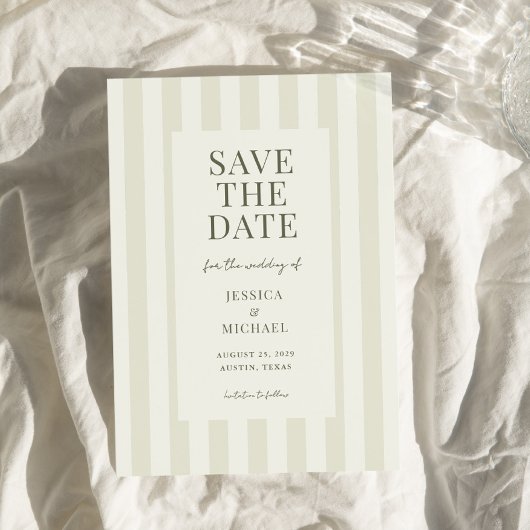 Elegante moderne olijfgroene gestreepte bruiloft save the date