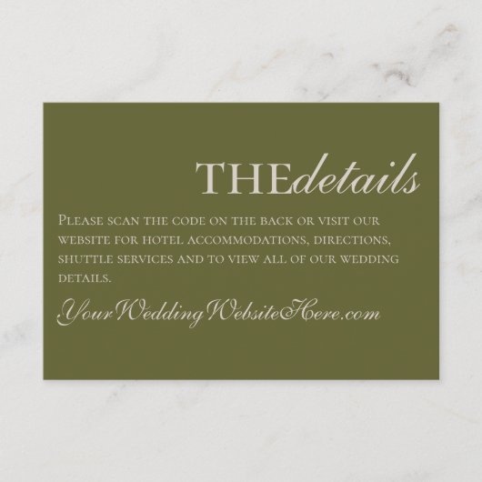 Elegante moderne olijfgroene monogram bruiloft informatiekaartje (Voorkant)