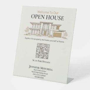 Elegante moderne open huis welkom teken voor vastg reclamebord met voetstuk