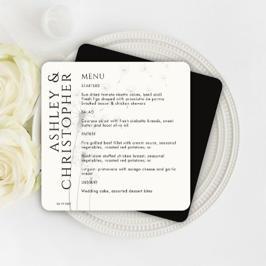 Elegante moderne paardenbloem rook zwart bruiloft menu