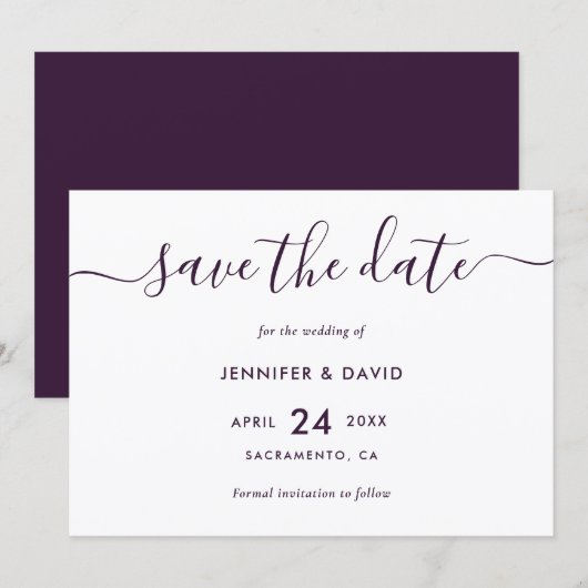 Elegante moderne paarse bruiloft save the date (Voorkant / Achterkant)