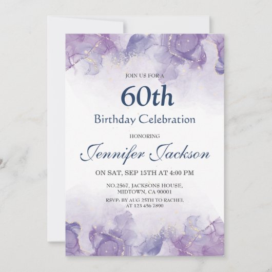 Elegante moderne paarse en gouden bloemen 60e verj kaart (Voorkant)