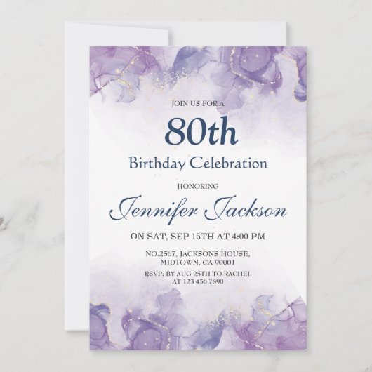 Elegante moderne paarse en gouden bloemen 80e verj kaart (Voorkant)