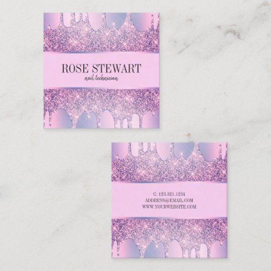 Elegante moderne paarse glitter druppelt spijkers vierkante visitekaartje (Voorkant / Achterkant)