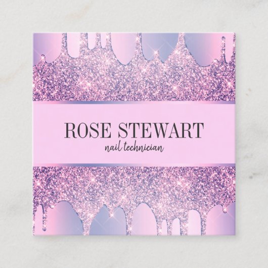 Elegante moderne paarse glitter druppelt spijkers vierkante visitekaartje (Voorkant)