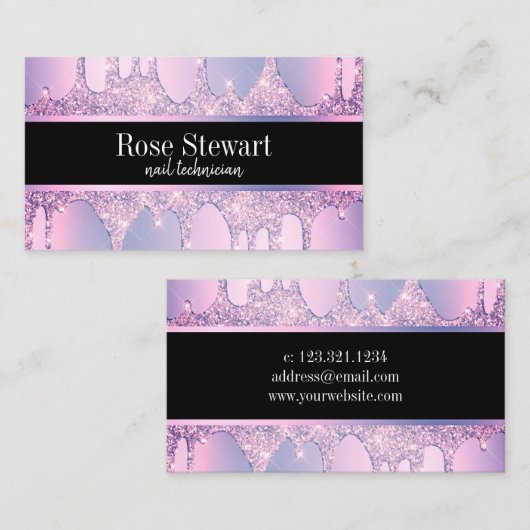 Elegante moderne paarse glitter druppelt spijkers visitekaartje (Voorkant / Achterkant)