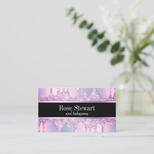 Elegante moderne paarse glitter druppelt spijkers visitekaartje (Staand voorkant)