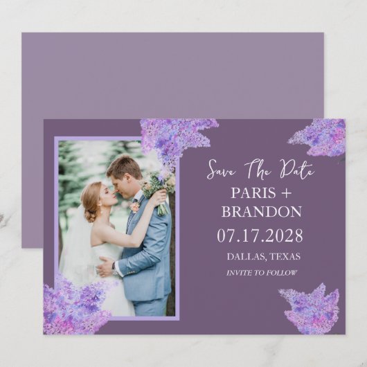 Elegante moderne Paarse Lila Bloemen Fotobruiloft Save The Date (Voorkant / Achterkant)