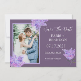 Elegante moderne Paarse Lila Bloemen Fotobruiloft Save The Date