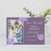 Elegante moderne Paarse Lila Bloemen Fotobruiloft Save The Date (Staand voorkant)