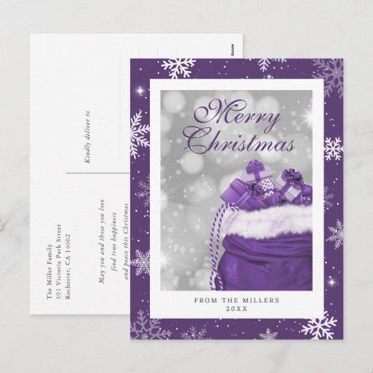 Elegante moderne Paarse sneeuwvlok Vrolijk kerstfe Feestdagenkaart (Voorkant / Achterkant)